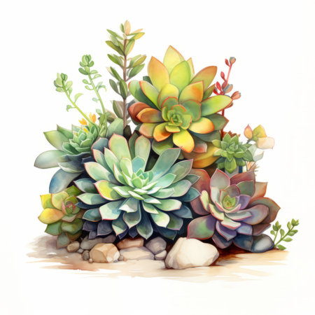 succulent illustration on a white background, aquarellist, spectacular backdrops, art of tonga, ceramic, emerald and brown, uhd image, no watermark, text, 300 dpi, typography, shapes do not stick together, no text in the picture, on a white background. ai generatedの素材