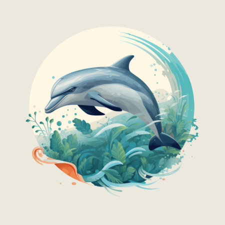 a dolphin gracefully swims through the ocean, surrounded by vibrant aquatic plants. this chic illustration by yanjun cheng features rounded shapes and active brushstrokes, creating a unique artistic style. the detailed character design showcases a harmonious blend of realism and fantasy elements, with a color palette dominated by orange and cyan hues. ai generatedの素材