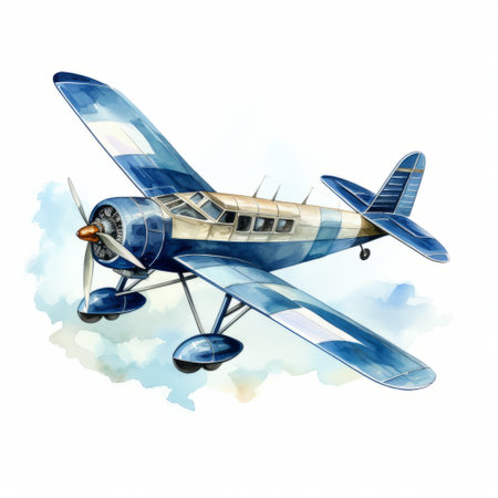 a watercolor illustration of a blue airstrip model, reminiscent of vintage poster style. the distinctive character design and traditional composition create a visually captivating image. the illustration showcases simplified compositions, sculpted with detailed shading, resulting in a unique and eye-catching artwork. ai generatedの素材