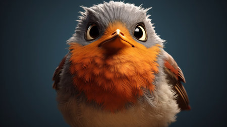 the lifelike 3d character of a robin with comical bulging eyes is created in the style of hyper-realistic sci-fi. inspired by the barbizon school, the character showcases intense emotion and subtle expressions. felt creations and overexposure techniques are incorporated to enhance texture and depth. ai generatedの素材