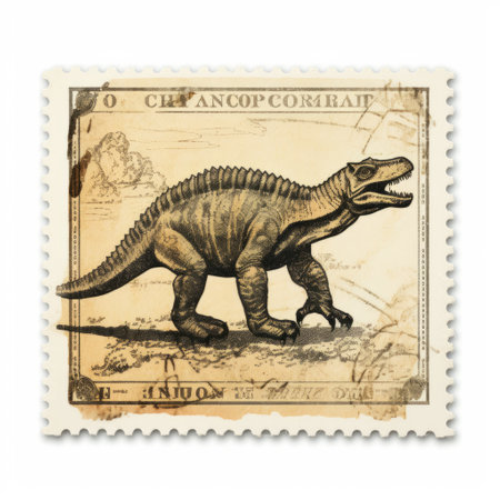 an old stamp featuring a colossal lebron dinosaur, inspired by dmitry spiros' minimalistic compositions and the artistic styles of fernand khnopff, lyco art, and roland topor. this unique wildlife photography captures the essence of caninecore aesthetics in a captivating manner. ai generatedの素材