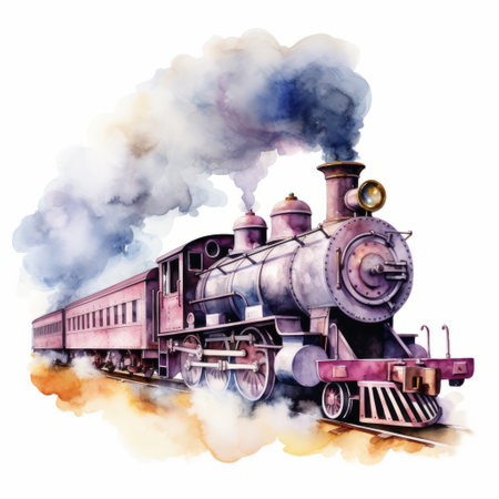 vintage steam locomotive train c 1793, showcased on a watercolor background, blends realism with surrealistic elements. this detailed character design, in light white and violet hues, embodies creative storytelling, traincore aesthetics, and charming character illustrations with watercolor-like washes, ai generatedの素材