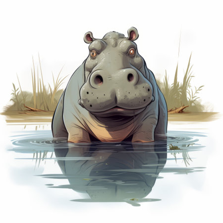 a large hippo with a small reflection in the water, depicted in a graphic novel-inspired illustration style. the detailed character expressions and 2d game art bring the image to life. this artwork showcases the art of the congo and is reminiscent of editorial illustrations. the use of an rtx and fisheye lens adds a unique perspective to the composition. ai generatedの素材