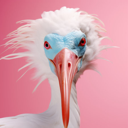 a stork stands in front of a vibrant pink background, creating a surrealistic and eye-catching composition. this photorealistic portrait, rendered in cinema4d, showcases the stork's strong facial expression and the colorful, ultra-realistic techniques used. the overall result is a striking and grotesque yet captivating image. ai generatedの素材