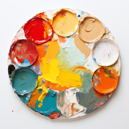 art palettes and palette of colors of paint, in the style of circular shapes, symbolic expressionist, mixed-media sculptor, white background, yale university school of art, rubens, matte photo. ai generatedの素材