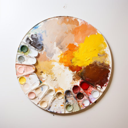 oil paint palette with pencils, palette knife, acrylic brushes, and paints in circular shapes. light maroon and yellow colors create an installation-based, polychrome terracotta effect. the matte photo showcases the recycled materials used in this artistic creation. ai generatedの素材