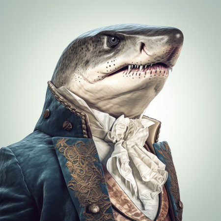 a digitally enhanced 2d drawing of a shark in the style of elaborate costumes and classicist portraiture. this shark digital animation showcases the artist's skill in creating visually stunning and uniformly staged images reminiscent of 18th-century rococo portraitures. with intricate details and visual puns, this artwork is a masterpiece of digital art and illustration. learn more about sharks on wikipedia. ai generatedの素材