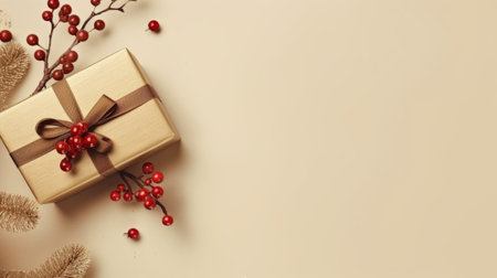 christmas gift box with red berries on beige background, minimalist style, 32k uhd, dark beige and amber, snapshot aesthetic, charles spencelayh, bronze and beige, scattered composition. ai generatedの素材