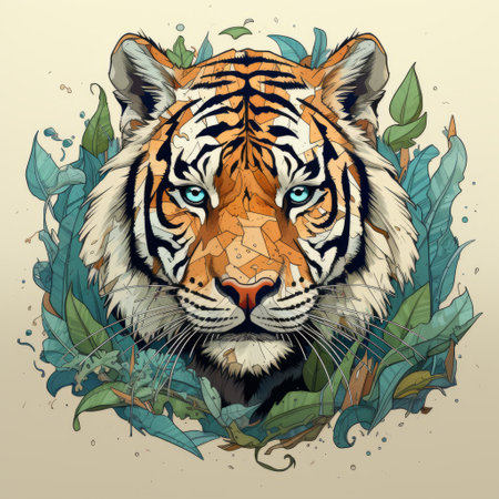 titi tiger print in the jungle, an enigmatic illustration featuring a realistic hyper-detailed portrait of a tiger. created in photoshop, this vector illustration showcases clean line work and vibrant colors, blending dark beige and azure tones. the artwork captures a colorful fantasy realism with intricate details of foliage, incorporating a low poly style perfect for tattoo designs. ai generatedの素材
