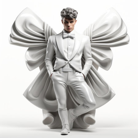sculpture of tuxedo-clad angel with wings, featuring intricate costume design and chromatic purity. influenced by futurism, the piece is rendered in light silver and white tones with ambient occlusion. captured in stunning 32k uhd resolution. keywords: sculpture, tuxedo, angel wings, fashion-illustration, chromatic purity, futurism, ambient occlusion, intricate costumes, light silver, white, 32k uhd. ai generatedの素材