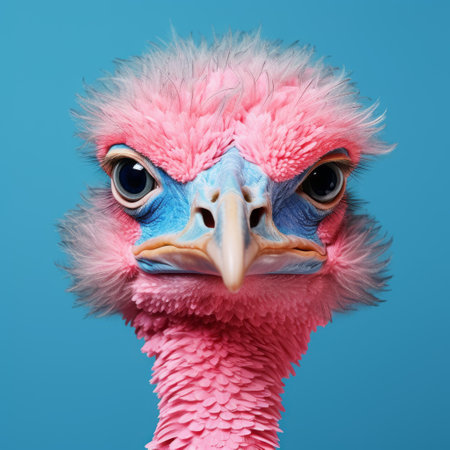 blue head of an avian-themed character, captured in a closeup shot against a vibrant pink background. this explosive wildlife-inspired image showcases humorous and inventive character designs, with minimal retouching for a photorealistic effect. reminiscent of national geographic photos, this unique portrait combines vibrant colors and intricate details to create a visually captivating composition. ai generatedの素材