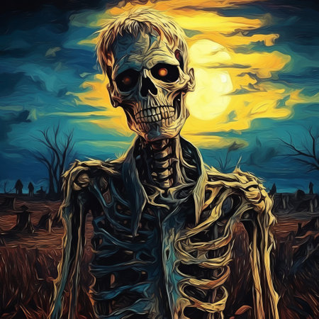 halloween skeleton poster: this 32k uhd illustration features a skeleton in the background, styled after realistic landscape paintings. the blue and amber color scheme adds to the realism, while the pixel art technique creates a figurative painting effect. created by oleg shuplyak, this poster is perfect for halloween decor. keywords: halloween, skeleton, poster, illustration, realistic, landscape, painting, blue, amber, oleg shuplyak, 32k uhd, pixel art,の素材