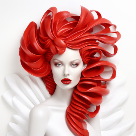 a girl with white wings and red hair stands in front of a white background, showcasing a sculptural aesthetic. the bold color scheme and body extensions create a visually striking image. this 8k 3d artwork features vibrant colors, reminiscent of the style of clamp and mark lovett. ai generatedの素材