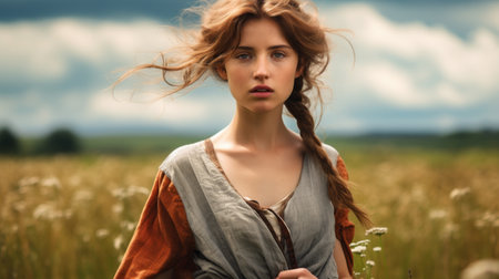 a young woman stands in a field, gracefully holding up a delicate flower. the photo captures the essence of a historical drama with its light gray and dark amber tones. the scene feels filmic, evoking a sense of tangled nests and scottish landscapes. the woman's strong facial expression adds depth to the earthy color palettes surrounding her. ai generatedの素材