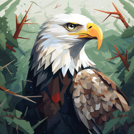 a patriotic bird perches near the forest, portrayed in a low poly style. this realistic portrait showcases detailed background elements with a bold palette, reminiscent of graphic design-inspired illustrations. ai generatedの素材