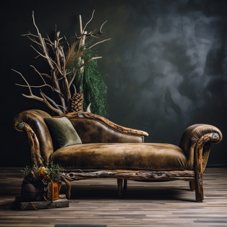 an orange sofa, in the style of steampunk-inspired, is positioned alongside branches in this high-quality photo. the romantic chiaroscuro lighting enhances the naturalistic portraiture, showcasing the dark green and brown color scheme. the eco-friendly and exquisite craftsmanship of the sofa adds to the overall aesthetic appeal. ai generatedの素材