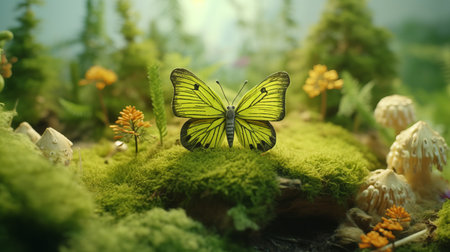 forest background wallpaper with mossy grass and a butterfly on moss. this national geographic-style photo features a hyper-realistic illustration of a yellow and emerald butterfly on a bed of moss. the anamorphic art style, created using zbrush and adorable toy sculptures, gives the image a lifelike quality. captured with a sony, ai generatedの素材