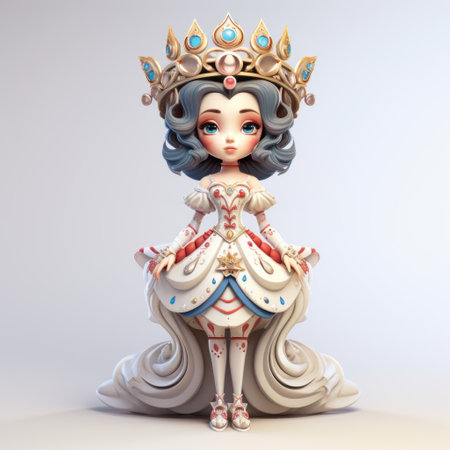 a fairy tale character dressed in an elegant outfit, showcasing a luminous 3d design with elements of skottie young's style. this traditional chinese-inspired, cartoonish character embraces symmetrical features and toy-like proportions, creating a whimsical queencore aesthetic. ai generatedの素材