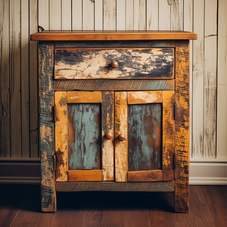 distressed vintage wood reclaimed bedside cabinet featuring a dark sky-blue and light amber color scheme. this unique piece showcases vignetting and draws inspiration from indigenous culture, incorporating earth tones. with its manapunk aesthetic and timber frame construction, it exudes a rustic cabincore charm. ai generatedの素材