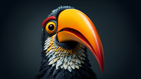 a lifelike 3d toucan character with comical bulging eyes, created in a hyper-realistic sci-fi style. the intense emotion and subtle expressions, inspired by the barbizon school, bring this character to life. felt creations and overexposure techniques add texture and depth to the overall design. ai generatedの素材