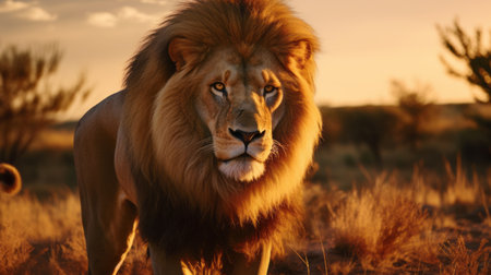 a lion gazes over the vast grassland at sunset, captured in stunning 8k resolution. its detailed facial features, light brown and amber fur, and immaculate perfectionism make this image a true representation of junglecore. the character-driven nature of the lion's strong facial expression adds depth to this captivating scene. ai generatedの素材
