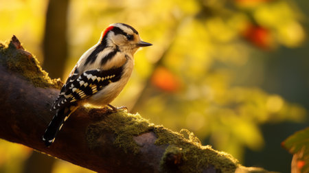a bird perches on a branch during autumn, captured in the artistic technique of focus stacking. the image showcases a beautiful blend of light gold and navy tones, reminiscent of the works of walt kelly. the bird's surroundings are dappled, adding a touch of intrigue to the composition. jarosaw janikowski's influence is evident in the use of light red and white hues, creating a baroque-inspiredの素材