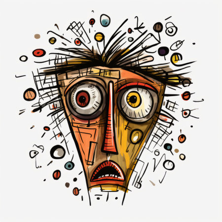 a funny cartoon face featuring various shapes of letters and adornments, inspired by abstract ink art, traditional african art, necronomicon illustrations, rustic figurative elements, a wandering eye, rusty debris, and strong graphic lines. ai generatedの素材