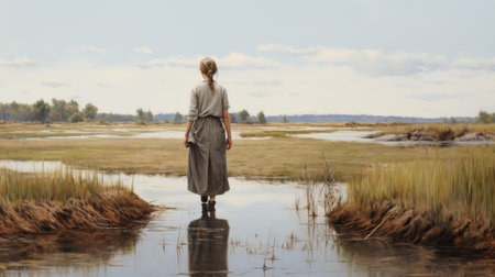 a woman stands in a shallow area, embraced by the lush green grass. this photo captures the essence of realistic figurative painting, reminiscent of dutch maritime paintings. with muted realism and a depiction of rural life, it exudes a calming symmetry. a true gem that could grace the pages of national geographic, this photo embodies the spirit of the helsinki school. ai generatedの素材