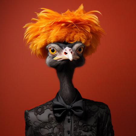 an ostrich with vibrant orange hair and a striking yellow belt poses in a studio portraiture style. the gothicpunk influence is evident in the sculptural costumes, while the elegant and emotive faces add depth to the composition. the dark orange and light black tones create a classicist portraiture feel, resulting in a colorful and eye-catching image. ai generatedの素材
