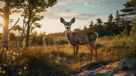 a deer stands gracefully in a wooded area, surrounded by tall trees. this portrait-style photograph captures the serene beauty of norwegian nature, with soft lighting that enhances the scene's tranquility. the light amber and pink hues add a touch of warmth to the image, creating a captivating visual reminiscent of national geographic's stunning photography. the dotted pattern of the trees adds depth and texture toの素材