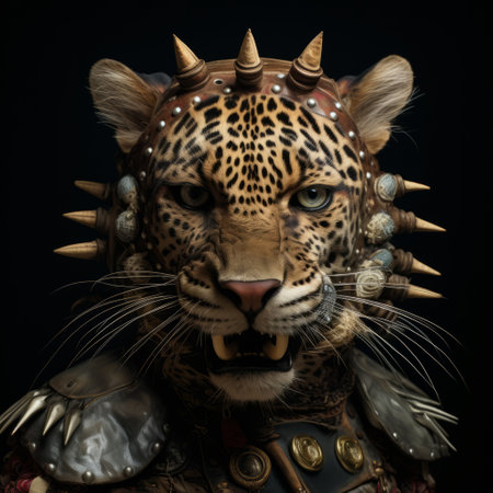 a leopard with spurs wearing a helmet and armor stands against a black background, in a surrealistic assemblage style. this hyperrealistic composition by bill gekas is influenced by ancient chinese art, showcasing close-up shots and detailed costumes. the unique blend of elements creates a striking visual reminiscent of dieselpunk aesthetics. ai generatedの素材
