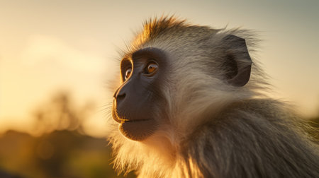 a close-up of a monkey with mud on its face, captured in the style of golden light. the image showcases the realistic rendering of the monkey's features, enhanced by the use of a large format lens. the color palette consists of light navy and light emerald tones, creating a visually appealing contrast. shot with a steinheil quinon 55mm f19 lens, this photograph is perfect forの素材