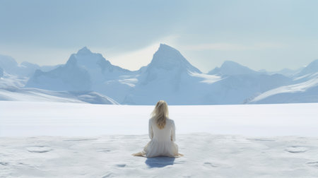 a young woman sits in a snowy field, gazing into the vast landscape. the photo captures the essence of terragen, with its conceptual minimalism and exotic fantasy landscapes. the norwegian nature and national geographic photo vibes are evident, showcasing the beauty of ivory-toned winter scenery. the image is rendered in stunning 8k resolution, bringing every detail to life. ai generatedの素材