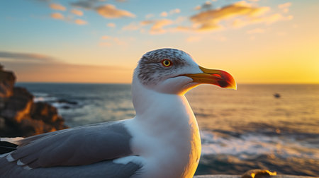 a seagull stands on a beach during the mesmerizing light of sunset. this photorealistic image captures the bird's strong facial expression, rendered in the unreal engine. the close-up shot showcases bold lines and dynamic colors, creating a captivating coastal and harbor view. the scene resembles a wimmelbilder, offering a rich and detailed visual experience. ai generatedの素材