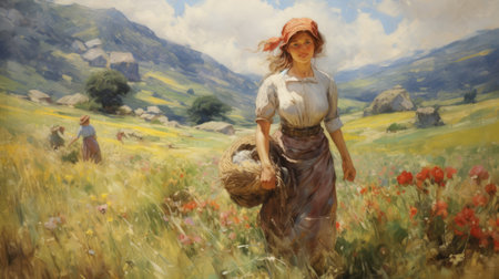 a woman with a basket walks through a field in this martin grelle-style painting, capturing movement and spontaneity. the mountainous vistas and working-class empathy evoke the styles of paul hedley and hyman bloom, with a sense of slumped, draped beauty. ai generatedの素材