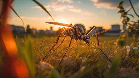 mosquito with open wings in grass on summer day. science-fiction dystopia style. golden light, gritty urban landscapes. dark brown and orange colors captured on ferrania p30 film. shiny eyes of mosquito add to the futuristic feel. keywords: mosquito, wings, grass, science-fiction, dystopia, golden light, urban landscape, brown, orange, ferrania p30, shiny eyes, rtx. ai generatedの素材