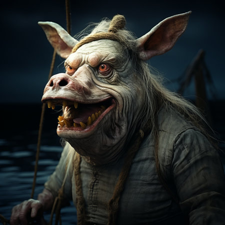 a black and white pig costume is depicted riding a boat in this realistic fantasy artwork. the gaudy and grotesque style of the image is reminiscent of dutch marine scenes, with luminous portraits and textured expressions adding to the fantastic grotesque nature of the piece. this photobashing creation is a unique and striking visual. ai generatedの素材