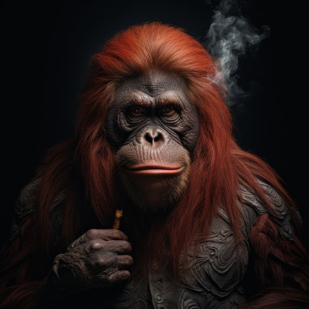 orangutan smoking in hyper-realistic portrait style by andreas levers, with intense gaze, against a dark red and orange forest background. this candid shot of the famous figure captures the sculpted features of the orangutan in a captivating manner. ai generatedの素材