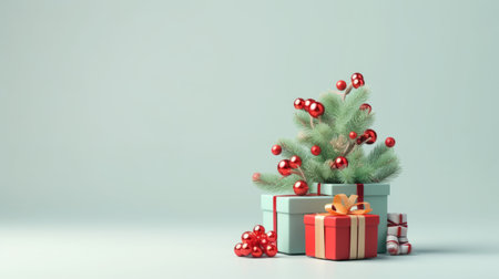 christmas gift box topped with a small christmas tree and red ribbon. the presents are beautifully decorated with a minimalist background in light gray and light aquamarine. this photorealistic rendering in 32k uhd showcases an eye-catching composition with light red and dark green accents, perfect for the holiday season. ai generatedの素材