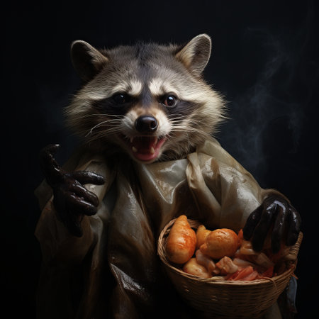 a raccoon, captured in a dark and dramatic chiaroscuro style, is seen devouring broccoli from a basket. this intriguing portrait draws inspiration from the works of oleksandr bogomazov and godfried schalcken, incorporating hidden meanings and elements of parody and pastiche. the image evokes a halloween atmosphere while highlighting the concept of raw materials. ai generatedの素材