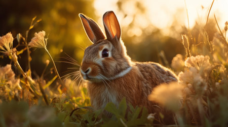 a bunny rabbit sitting on a grassy area, bathed in sunrays, showcasing nature-inspired imagery. this contest-winning photo captivates with its vray tracing, highlighting the orange and brown hues. the close-up shot tells a pictorial story of tranquility and beauty. ai generatedの素材
