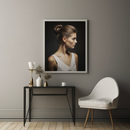 a contemporary woman is portrayed in a photorealistic rendering, framed and displayed in an empty dining room. this high-quality photo captures the timeless elegance of the subject, reminiscent of the style of helene knoop. the color palette of dark white and amber adds depth and warmth to the image, while showcasing the feminine beauty. the composition pays homage to the artistic influence of ray eames.の素材