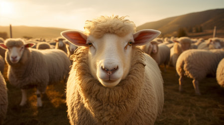 tall sheep with fur captured in golden light, showcasing strong facial expression. this photograph exhibits the influence of precisionism with its emphasis on detail and composition. shot with an 8k resolution and a c-mount lens, the image features a captivating color palette of light maroon and light beige. ai generatedの素材