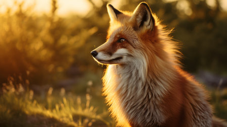 a red fox stands in a field, bathed in golden light. the realistic depiction of light enhances the close-up view of the fox. the fur is a beautiful blend of light red and violet, while the background features light white and amber tones. this captivating image on furaffinity tells a narrative-driven visual story. ai generatedの素材