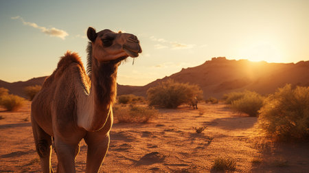 sunrise in oman desert captured in a photo featuring realistic animal portraits. the use of vray tracing and shallow depth of field enhances the photo-realistic techniques employed by theodore rousseau. the isolated landscapes beautifully showcase the characterized animals. ai generatedの素材