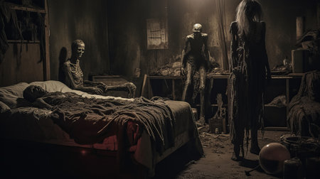 a hyper-detailed, grainy photo of a disgusting monster in a dark room, reminiscent of a 1980s grindhouse movie or a 1970s japanese horror claymation film. the punk art aesthetic, enhanced by chromatic aberration and a bloom effect, creates a hyper-realistic, 4k image. shot with a canon eos r3, the intricate yet simple scene mirrors a panavision 64k film still, ai generatedの素材