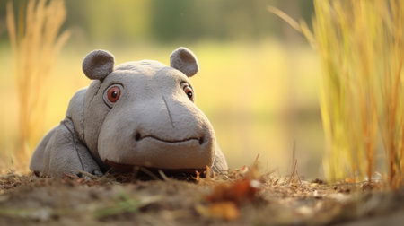 a hippo stuffed animal sits on lush green grass, showcasing a captivating narrative-driven visual storytelling style. this stunning macro photograph, captured in 32k uhd resolution, highlights the intricate details of the plush doll art. the use of vray lighting enhances the overall aesthetic, while elements of goosepunk and neo-concrete art add a unique touch to the composition. ai generatedの素材