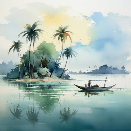 a watercolor landscape painting featuring palm trees and a boat on the beach, inspired by indian scenes. the artwork showcases flowing silhouettes and creates a moody and tranquil atmosphere. the artist skillfully employs traditional techniques, using kodak vision3 200t film to capture the essence of the environment. the painting also incorporates detailed environments, adding depth and realism to the scene. ai generatedの素材