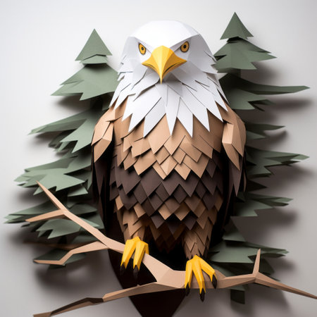 a stunning 3d paper eagle perches atop a pine tree in this abstract, colorist sculpture. the dark, white, and light brown hues create a layered effect, with faceted shapes and characterful animal portraits adding depth. this large-scale mural captures mountainous vistas with its expressive, gestural style. keywords: 3d paper eagle, pine tree, abstract, colorist sculpture, dark, white, light brown, large-scale mural, layered, faceted shapes, characterfulの素材