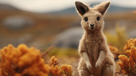 a little kangaroo, rendered in cinema4d, stands on a piece of grass. this cute and dreamy artwork by flora borsi captures the essence of the kangaroo's close-up beauty. meryl mcmaster's contest-winning creation showcases the kangaroo's beige and amber tones, creating a visually stunning image. ai generatedの素材